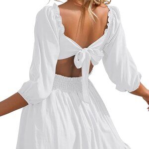 Tie Back Summer Dress Square Neck Long Lantern Sleeve Off Shoulder Casual Dress